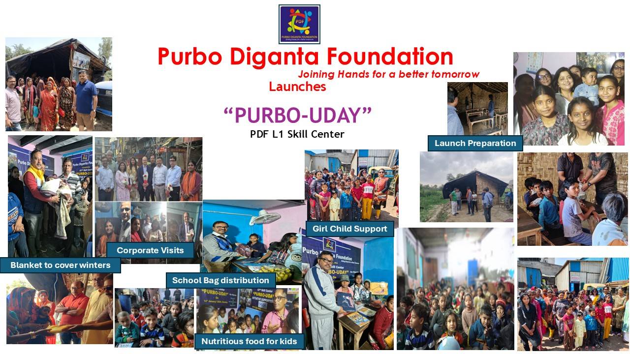 Purbo Diganta Foundation's PURBO-UDAY launch event showcasing community support, girl child education, school bag and blanket distribution, and nutritious food programs.